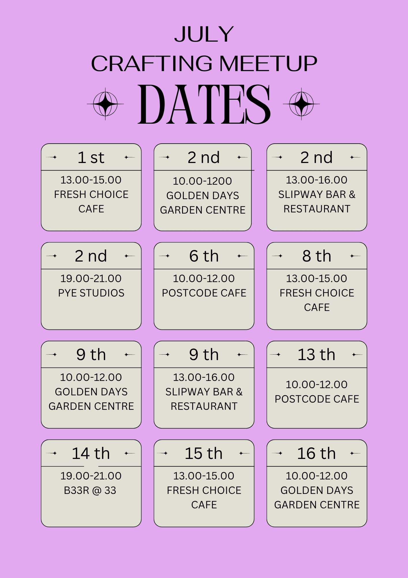 July's crafting meetup dates